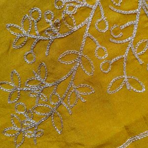 Mustard Yellow Silver Zari Neck Embroidered Party