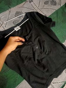 Black Henley Button-Up Top