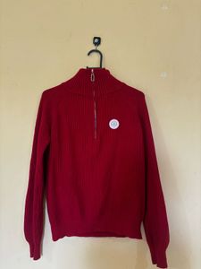 Red Zip-Up Knit Sweater