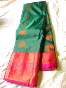 Bottlegreen Pure Silk Saree+Gold Peacock motifs