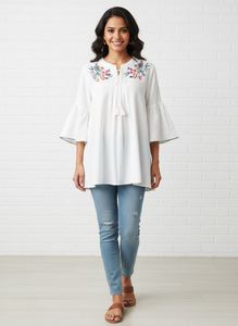 White Embroidered Bell Sleeve Top