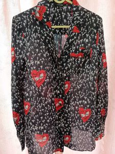 Chic Heart Print Button-Down Shirt