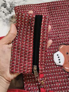 Red Tote Bag with Cute Bear Patch