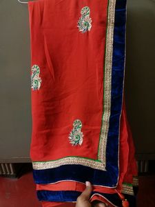 Embroidered Orange &amp; Blue Saree