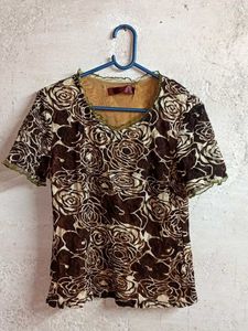 Brown Floral Print Top Layered Multicolored