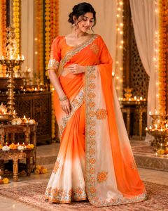 Stunning Orange Ombre Embroidered Saree