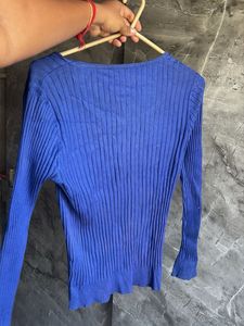 Blue Ribbed Top with Embellished Bow
