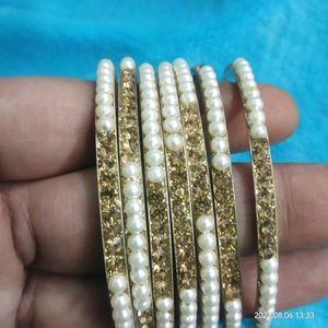beautiful metal bangles combo with pearl n stone