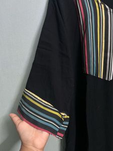 Black Kurti with Multicolour Striped Yoke