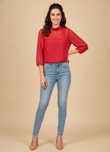 Chic Red Lace Yoke Top