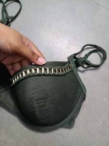 Green Textured Bikini Top with Gold Chain Detail
