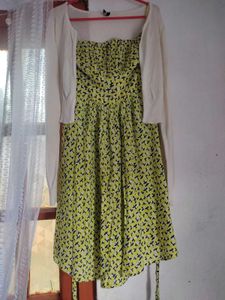 Yellow Print Dress with White Cardigan