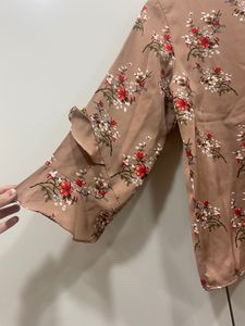 Madame Women Brown Floral Print Tie-Up Neck Top