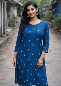 Elegant Blue Kurta with Gold Polka Dots