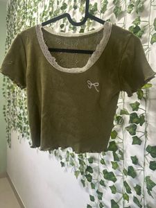 Olive Green Lace Trim Crop Top