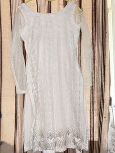 Elegant White Chikankari Kurta with golden embelli