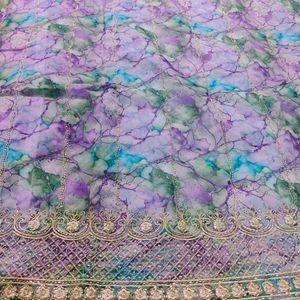 Purple Print Organza Zari Embroidered Party Wear U
