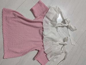 Pink Seersucker Blouse with White Ruffle