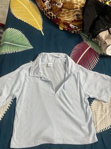 Light Blue Ribbed Collared Top