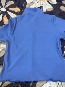 Blue Ribbed Collared Button-Up Top