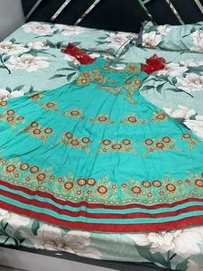 Turquoise &amp; Red Embroidered Anarkali Gown