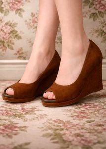 Brown Suede Peep-Toe Wedge Heels