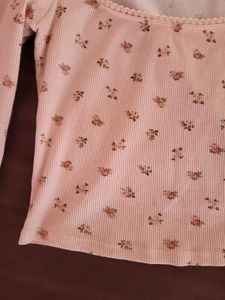 H&amp;M Picot Trimmed Ribbed Top Peach/S