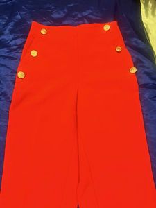 Red Slim Fit Pants with Gold Button Details