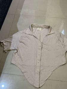 Cream Cropped Collared Button-Up Top