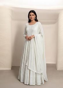 White Party Wear Anarkali Gown & Dupatta