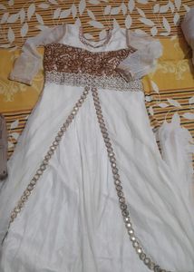 Elegant White &amp; Gold Anarkali Dress