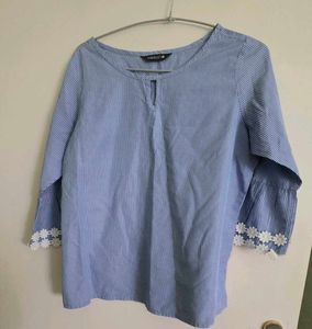 Faballey Blue Striped Bell Sleeve Top M