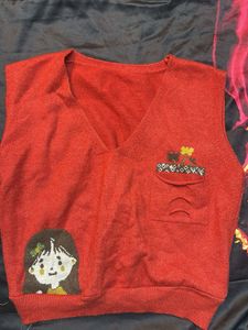 Red Embroidered Sweater Vest