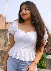New White Puff Sleeve Peplum Top