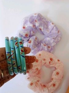 🥳 2 Women's Hair Scrunchies and Bangle set