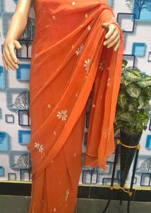 Elegant Orange Embroidered Saree Old Stock