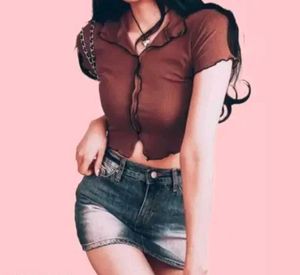 💗Brown Mesh Button-Up Crop Top💗