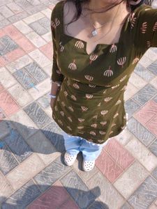 Olive Green Printed Padded short kurti