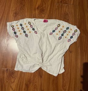 Embroidered Twist Front Top