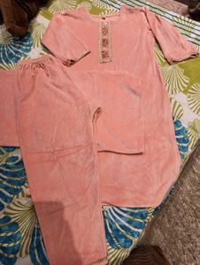 woolen Peach Velvet Kurta Set