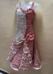 Pink & White Embellished Gown with Rose Details