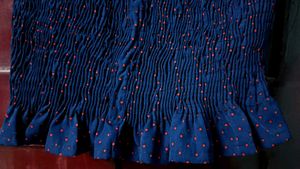 Smocked Off-Shoulder Navy Polka Dot Top