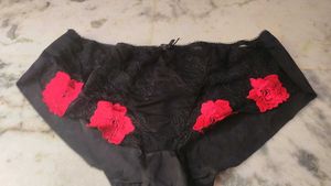 Black Lace Briefs with Red Floral Applique