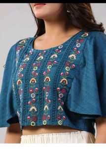Embroidered Teal Crop Top