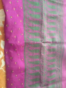 Vibrant Pink Saree with Green Paisley Design