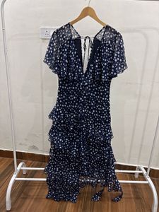 Navy Blue Polka Dot Ruffle detailing Maxi Dress