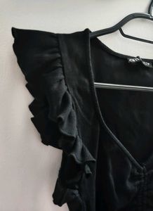 ZARA Black Ruched V-Neck Top with Ruffle Sleeves