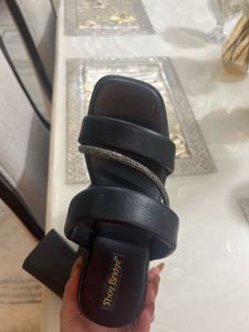 Black Platform Block Heels with Rhinestone Straps