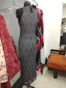 Elegant Grey Crochet  Halter Neck Gown