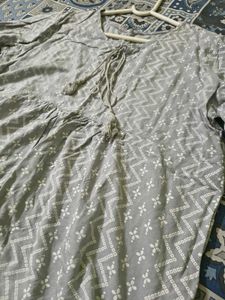 Grey Printed Kurta with Tassels